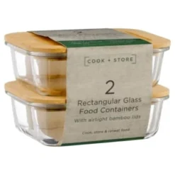 B&M Rectangular Glass Food Containers With Bamboo Lids 2pk -Home Furnishings Store 376824 2pk regular glass food containers1